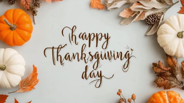 Thanksgiving message with fall decorations and gourds on a light background for greeting card