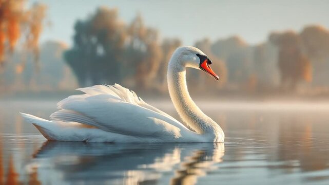 Elegant swan gracefully gliding across calm water with autumn foliage