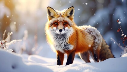 Obraz premium A vibrant fox with reddish fur stands in a snowy, sunlit forest scene