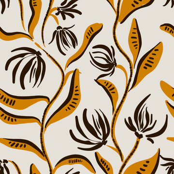 Elegant Botanical Leaf Pattern in Warm Neutral Tones, Modern Organic Design. Abstract botanical vines branches 
