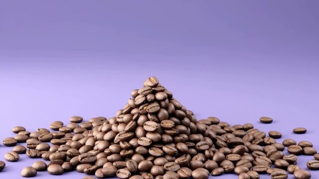 Fragrant roasted coffee beans falling and forming a neat pile on a solid purple background, copy space