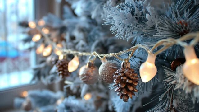 Flocked christmas tree branches displaying warm string lights and pinecone decorations