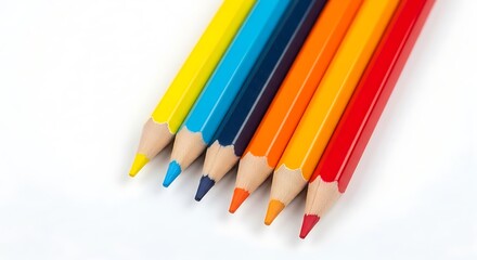 Fototapeta premium Colorful sharpened pencils arranged in a vibrant rainbow gradient on a clean white background for art and creativity.