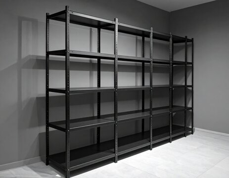 Gray scale image of industrial shelving unit, empty with multiple levels