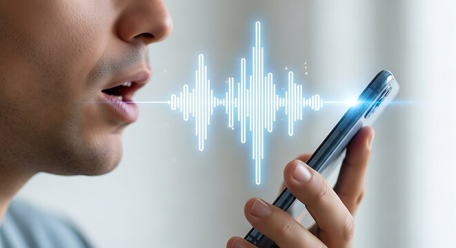 Man speaking into smartphone with glowing sound wave - voice recognition technology