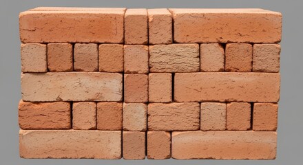 Front view of a perfectly stacked wall of new red clay bricks, isolated on a grey background. A construction and building material concept for the housing industry.