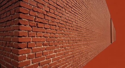 A dramatic, wide-angle perspective of a red brick wall corner receding into an abstract, solid red background, creating a surreal and graphic architectural image.
