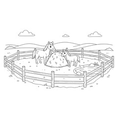 Horses paddock farm shows peaceful countryside landscape coloring page