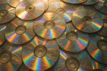 Collection of scratched compact discs reflecting rainbow light under warm golden glow