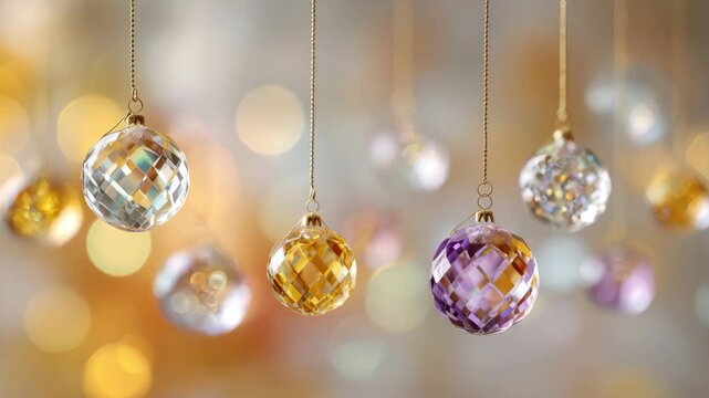 Hanging sparkling faceted crystal baubles catching light on a festive shimmering background, copy space
