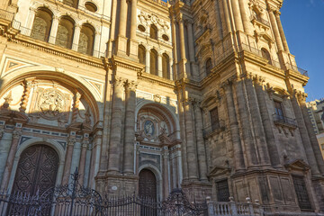 Naklejka premium Facade details of the Cathedral of the Incarnation in Málaga’s historic center, Spain.