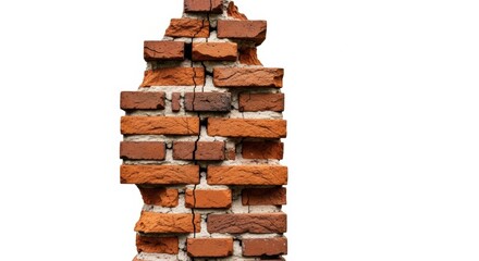 A fragile, broken pillar of a red brick wall with a large vertical crack running down the middle, isolated on a pure white background. Symbolizes damage and weakness.
