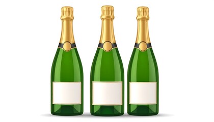 Three green champagne bottles with gold caps and labels