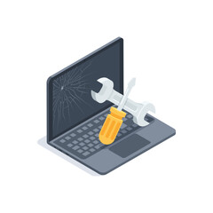 Isometric vector laptop with a broken screen and a screwdriver with a wrench, in color on a white background, repair of laptops and other equipment