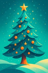 Fototapeta premium Stylized Christmas tree with golden star and ornaments on teal snowy background