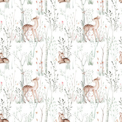 Watercolor Woodland animals seamless pattern. Fabric wallpaper forest with baby deer trees. bird baby animal Nursery backgrouns