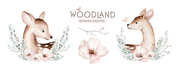 Cute baby deer animal for kindergarten, nursery isolated illustration for children clothing, pattern. Watercolor Hand drawn boho image forest woodland poster baby shower