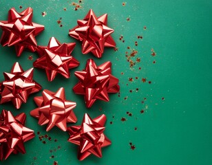 Obraz premium Christmas background. Top view of many red velvet tied bows on green background with golden star glitters with copy space. Generated image
