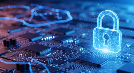 Cybersecurity concept with glowing digital lock icon over circuit board background