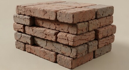 A large, organized stack of weathered and cracked red-brown bricks ready for construction, viewed from a high angle in a studio environment.