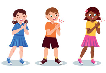 Vector illustration of cheerful children clapping hands.Cartoon scene of smiling light-skinned and dark-skinned boy and girl standing in different poses, clapping hands isolated on white background.