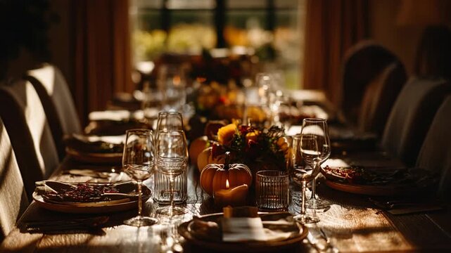 Elegant table setting with pumpkins and floral arrangement warm lighting