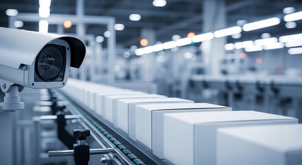 Obraz premium Security camera monitoring automated production line with white boxes in a modern industrial factory