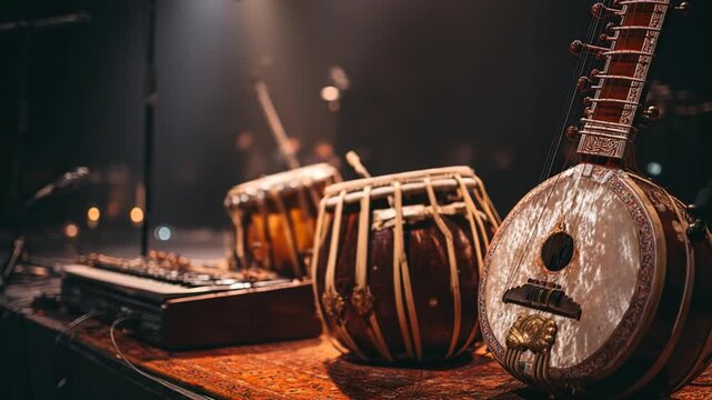 Musical instruments in stage lighting close up for creative projects
