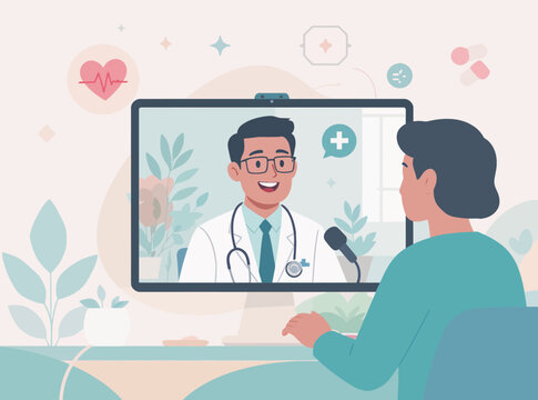 Doctor consultation via video call on a computer screen, representing telehealth and remote medical assistance