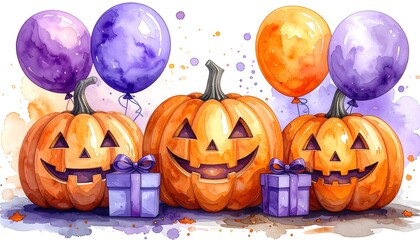 Three jack-o'-lanterns with balloons & gifts