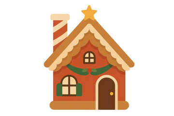 Gingerbread house illustration showing a festive sweet home decorated with a star, chimney, and garland for christmas holidays