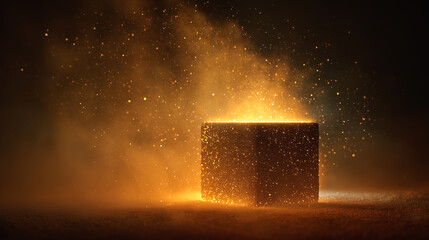 Futuristic golden box surrounded by mist mysterious light