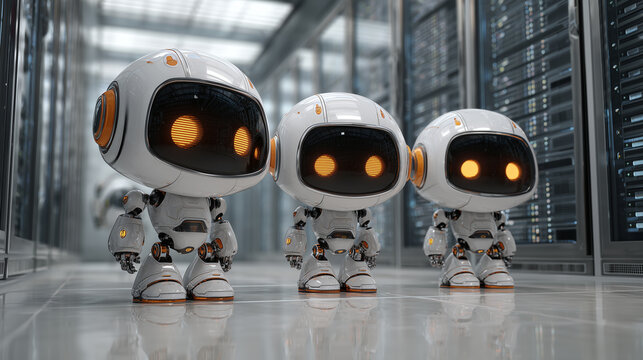 Futuristic AI robot character in technology background