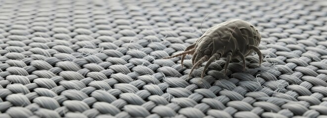 Dust mite on a fabric surface. Microscopic view of a house dust mite allergen. Allergy and asthma trigger concept for medical education.