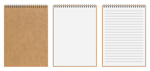 Realistic kraft spiral notepad mockup. Front and inside pages with blank and lined paper isolated on transparent or white background