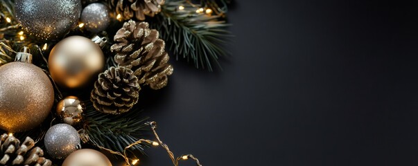Christmas background with festive ornament, sparkling pinecones, and bright lights. Holiday season celebration concept.
