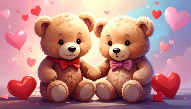 Adorable Couple of Teddy Bears Holding Paws with Pink and Red Hearts Valentine s Day Love Concept