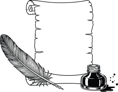 Vintage quill pen and inkwell resting beside a blank scroll of parchment paper on a white background