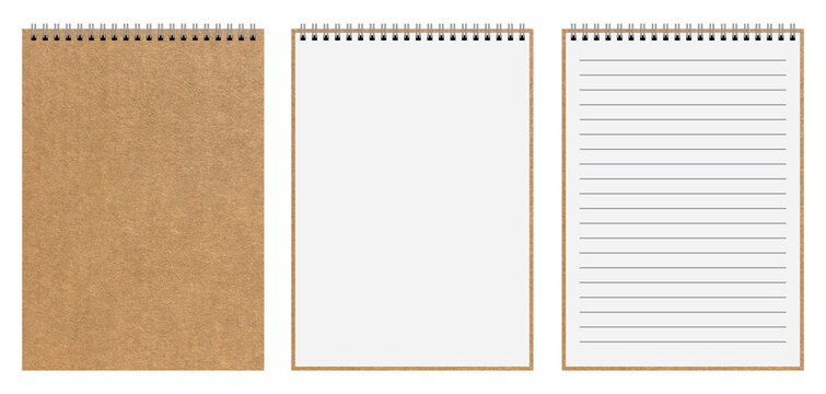 Realistic kraft spiral notepad mockup. Front and inside pages with blank and lined paper isolated on transparent or white background