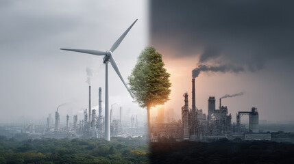 Image contrasts green city with wind turbine and polluted industrial area with smoke. It highlights impact of CO levels environment, evoking sense