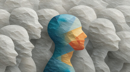 Colorful silhouette of human figure stands out among numerous gray paper cutout heads, symbolizing individuality and uniqueness in crowd