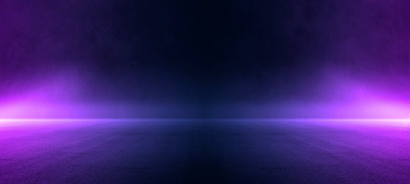 Halloween dark stage with purple fog glow, blue neon spotlights, and smoky street floor studio. Abstract futuristic background for concert, product display, banner event design in spooky atmosphere.