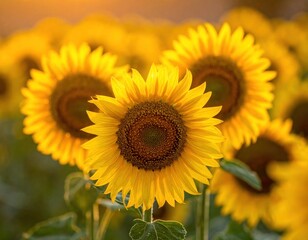 Obraz premium Vibrant Sunflower Field in Golden Hour Sunlight