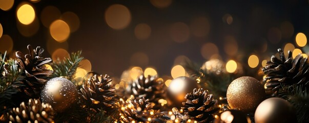 Festive Christmas and New Year background with pine cones, golden ornaments, and sparkling string lights. Holiday season celebration concept.