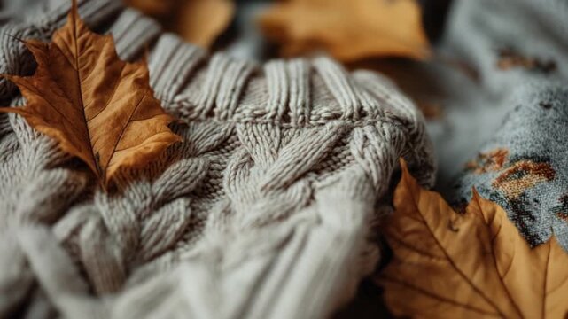Close up of knitted texture with autumn leaves and warm tones