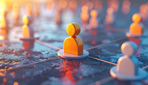 Connected Digital Network of People Icons with Central Focus on Orange User Symbol - Powered by Adobe
