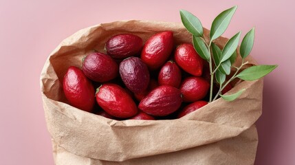 Top Down View Of Vibrant Red Dried Chili Peppers With Green Leaves Sprinkled With Salt In A Rustic Paper Bag On A Soft Pink Background