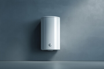 Compact electric water heater mounted on gray wall. Modern, minimalist design. Home appliance