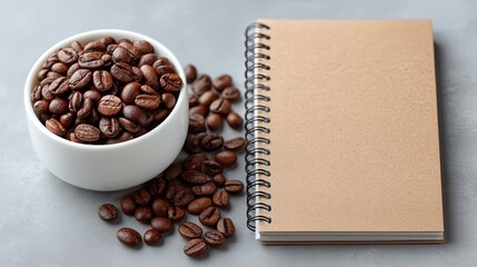 Top View Styled Flat Lay Of Roasted Coffee Beans In A White Bowl Next To A Kraft Spiral Notebook On A Textured Gray Surface With Soft Natural Lighting