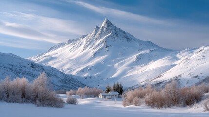 Majestic snow covered mountain peaks under a clear blue sky with bright sunlight illuminating the rugged landscape and frosted trees in the foreground